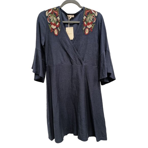 Mystree Women BOHO Dress Small Blue Embroidered Bell Sleeve Casual A Line - Picture 1 of 10